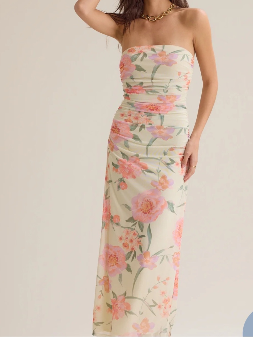 Floral Strapless Maxi Dress in Soft Yellow Mint and Pink